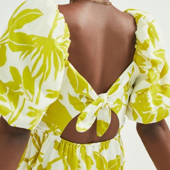 Maeve Anthropologie Feliciana Puff Sleeve Chartreuse White Mini Dress size small - Picture 3 of 10